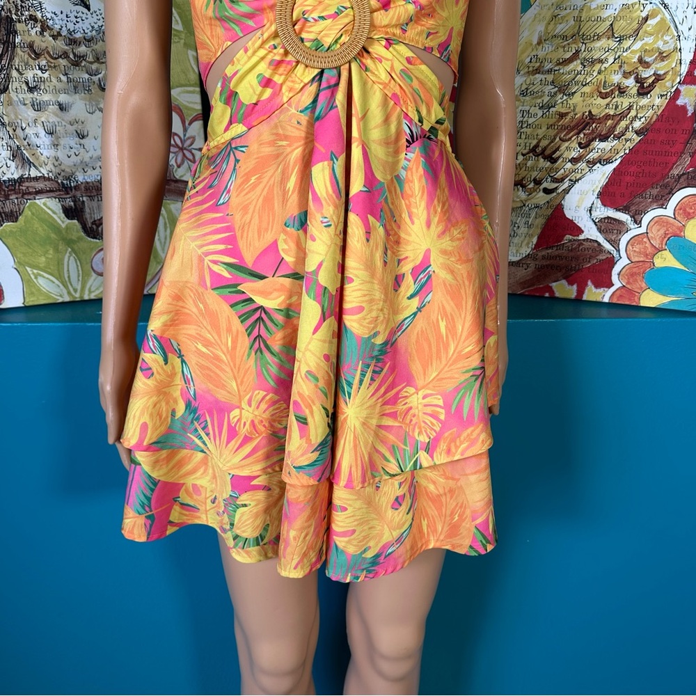 Shein Dress Tropical Print Layered Hem Tie Backless Halter Hawaiian Sun‎ Dress - Picture 7 of 10